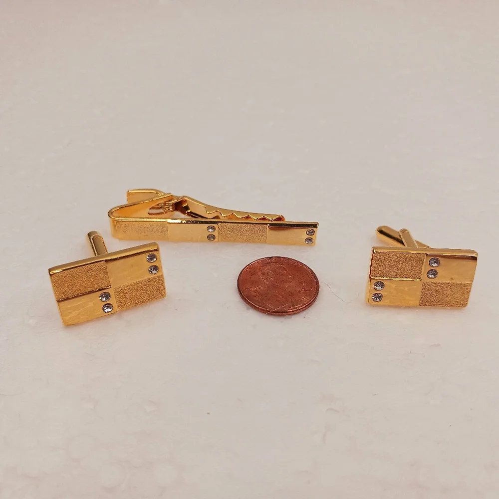 Tie Clip Bar, Cufflinks, Textured Gold Crystals Vintage Space Age Classic